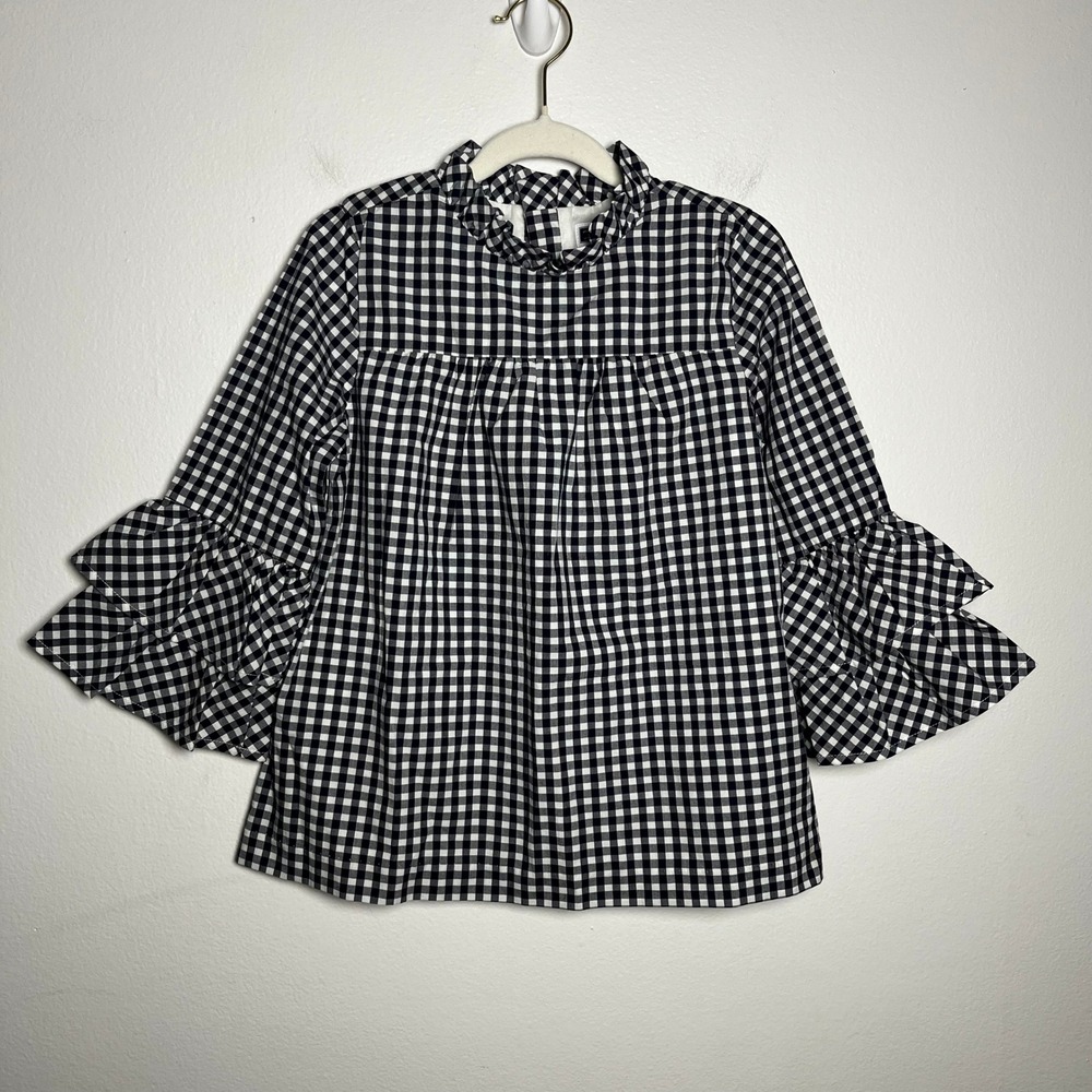 Janie and Jack Gingham Ruffle Top Navy Gingham 100% Cotton Ruffle Sleeves size 8 - Picture 3 of 11
